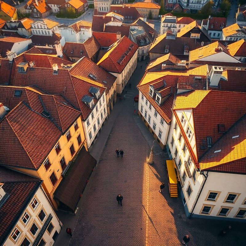 Vedere aeriană a centrului Brașovului în lumina caldă a după-amiezii