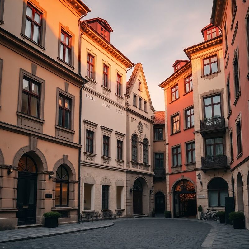 Arhitectură istorică din Brașov în lumina orei de aur, în tonuri de crem și vișiniu