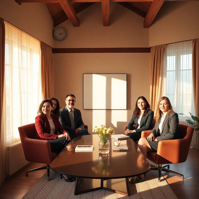 Echipă mică de consultanți într-o sală de ședințe în tonuri calde de crem și vișiniu